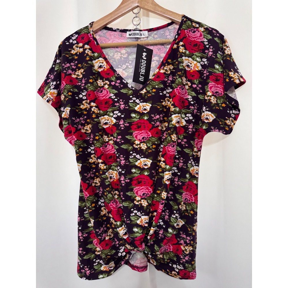 Doublju Womens Floral V-Neck Front Twist Knot Short Sleeve‎ Top Blouse Large NWT